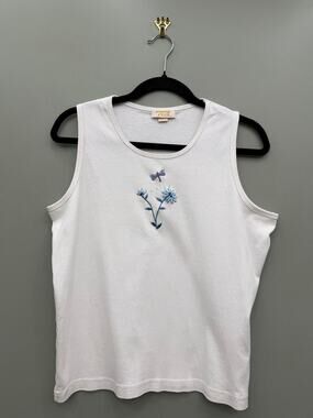 TIA Designs Embroidered Dragonfly Floral Tank Top 100% Cotton L